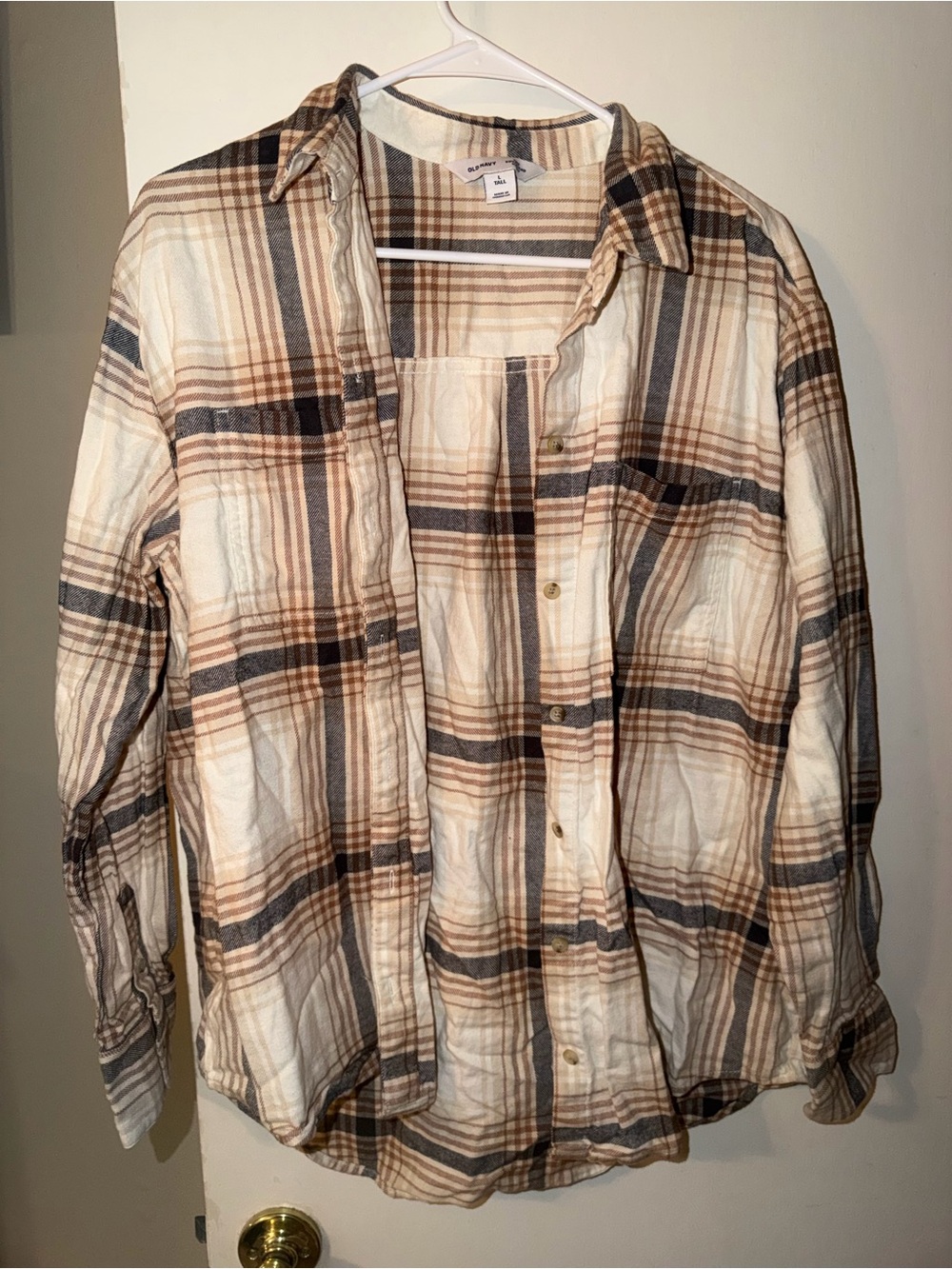 Old Navy Plaid Button-Down Shirt in Cream, Brown, and Gray